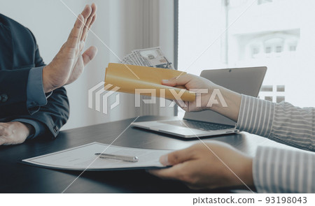 Government officials raise the hand refusing money to take the bribe money from business man the concept of corruption and anti bribery 93198043