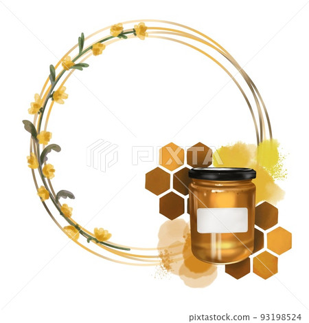 Watercolor frame. Honeycomb, honey bees, flowers, honey and beehive. Realistic illustration Watercolor frame. Honeycomb, honey bees, flowers, honey and beehive. Realistic illustration 93198524
