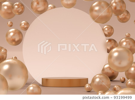 3d rendering of golden podium with spheres. Abstract backdrop for cosmetics and beauty products presentation. Flying particles. Futuristic background. Design for poster with space for text 93199499