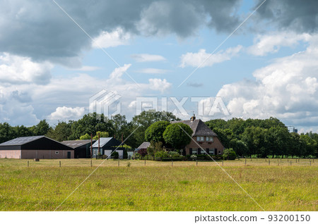 Zwolle, Overijssel, The Netherlands, Dike view over the nature fields, trees and clouds of the River Ijssel flood zone 93200150