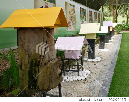 SERDANG, MALAYSIA -JUNE 7, 2022: Heterotrigona Itama or known as Stingless Bee. Man-made nests made of wood and colored colorfully to look attractive. it is farmed to get its honey. SERDANG, MALAYSIA -JUNE 7, 2022: Heterotrigona Itama or known as Stingless Bee. Man-made nests made of wood and colored colorfully to look attractive. it is farmed to get its honey. 93200415