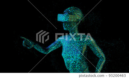 Metaverse concept. Woman with VR virtual reality goggles is working. 3D render. Metaverse concept. Woman with VR virtual reality goggles is working. 3D render. 93200463