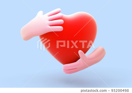 3D cartoon human hands hugging red heart on blue background. 3D cartoon human hands hugging red heart on blue background. 93200498