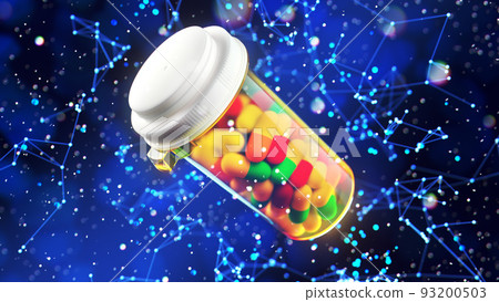 Medicine pills in orange glass pill bottle on a blue background. 3D Render Medicine pills in orange glass pill bottle on a blue background. 3D Render 93200503