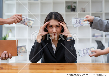 Asian woman refusing money in the envelope to agreement contract, Bribe and corruption concept 93200607
