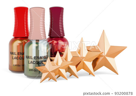 Enamel Nail Polishes with five golden stars. 3D rendering Enamel Nail Polishes with five golden stars. 3D rendering 93200878