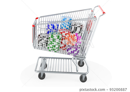 Shopping cart with casino tokens. 3D rendering 93200887