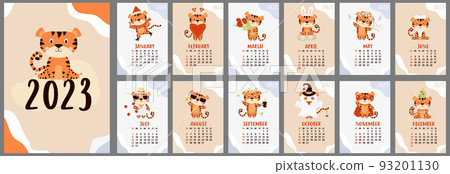 Yearly monthly design calendar for 2023 with cute tiger. Set of 12 pages and cover in English. Vector illustration. Vertical template. Week from Sunday. Stationery, planner, organizer with animal Yearly monthly design calendar for 2023 with cute tiger. Set of 12 pages and cover in English. Vector illustration. Vertical template. Week from Sunday. Stationery, planner, organizer with animal 93201130