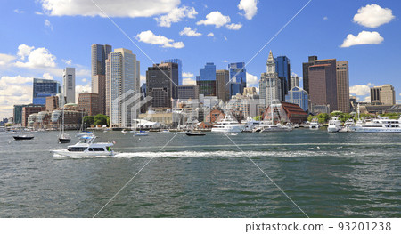 Boston skyline and harbor with boats and Atlantic Ocean on the foreground, USA 93201238