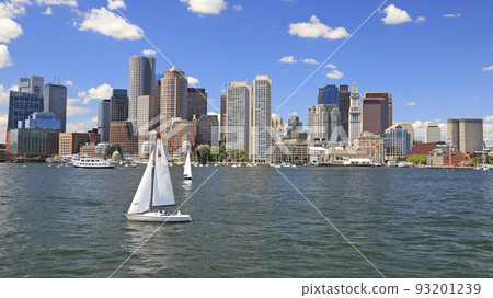 Boston skyline and harbor with boats and Atlantic Ocean on the foreground, USA 93201239