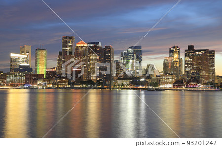 Boston skyline and harbor at dusk with Atlantic Ocean on the foreground, USA  93201242