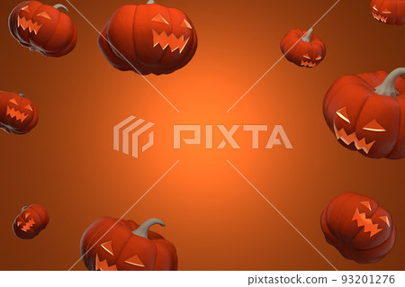 3D illustration of Simple background with flying Scary Halloween pumpkins with copy space in center 93201276