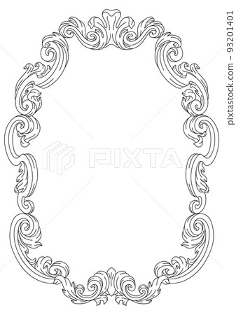 Decorative floral frame in baroque style. Engraved black curling plant. Decorative floral frame in baroque style. Engraved black curling plant. 93201401