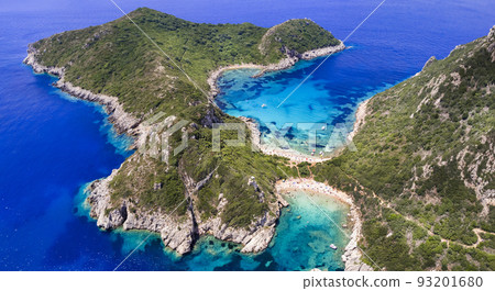 Greece nature scenery. most scenic beaches of Corful island. Unique double side beach Porto Timoni with crystal clear sea. Aerial bird eye drone view. 93201680