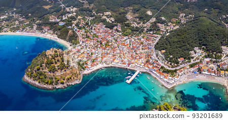 Aerial drone view of Parga colorful town with venetian castle and  beach Valtos . Epirus, Greece summer destinations and popular resorts 93201689