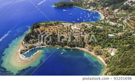 Stunning nature beach scenery of Corfu . Aerial view of Kalami bay, eastern part. Greece, ionian islands 93201696