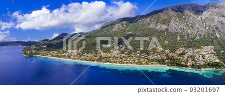 Greece summer holidays. Best scenic beaches of Corfu island - aerial panoramic drone view of Barbati beach in eastern part 93201697