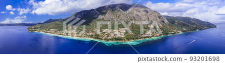 Greece summer holidays. Best scenic beaches of Corfu island - aerial panoramic drone view of Barbati beach in eastern part 93201698
