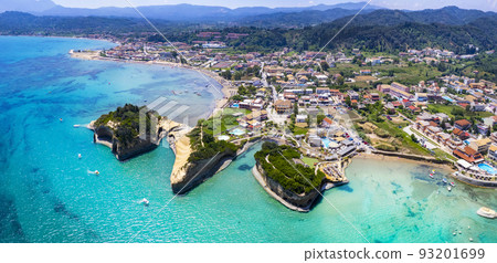 Ionian islands of Greece. aerial vird eye view of stunning Canal d'amour In Sidari resort. natural beauty landscape with white rocks and turquoise waters, northern part of Corfu island. 93201699