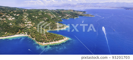 Stunning nature scenery of Corfu island. Kerasi beach and bay aerial view, eastern part in front of Albania. Greece, Ionian islands 93201703