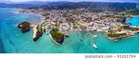 Corfu island nature sea scenery. Panoramic aerial view of stuning bay of Sidari, popular tourist resort with beautiful rock formation and famous Canal D'Amour 93201704