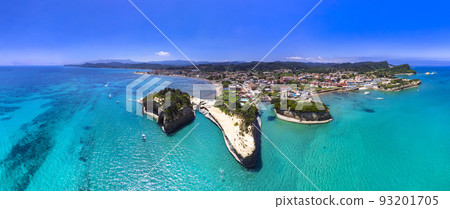 Corfu island nature sea scenery. Panoramic aerial view of stuning bay of Sidari, popular tourist resort with beautiful rock formation and famous Canal D'Amour 93201705
