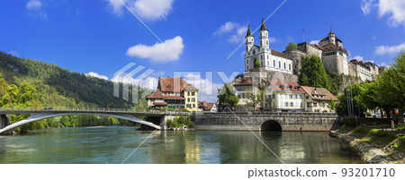 Switzerland travel and landmarks. Aarburg - old medieval town with impressive castle and cathedral over rock. Canton Aargau, Bern province 93201710
