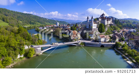 Switzerland travel and landmarks. Aarburg  aerial view.  old medieval town with impressive castle and cathedral over rock. Canton Aargau, Bern province 93201713