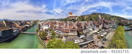 Splendid aerial panorama of Thun old town with medieval castle and Alps mountains on background. Incredible beautiful Switzerland. 93201715