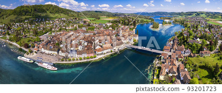 Aerial panoramic view of beautiful old town Stein am Rhein in Switzerland border with Germany. Popular tourist destination 93201723