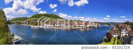 Aerial panoramic view of beautiful old town Stein am Rhein in Switzerland border with Germany. Popular tourist destination 93201724