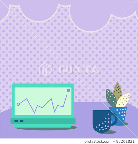 Laptop Resting On A Table Beside Coffee Mug And Plant Showing Work Process. Office Desk Drawing With Laptop. Computer Top Design. 93201821