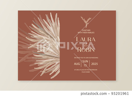 Wedding dried lunaria, pampas grass floral vector card. Watercolor Exotic dried flowers, palm leaves boho invitation template. Save the Date foliage cover, modern poster, trendy design. 93201961