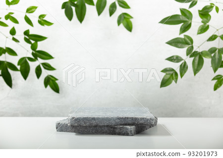 Stone podium for packaging and cosmetic presentation. Monochrome gray template for mockup, banner 93201973