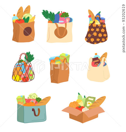 Cartoon Color Food in Grocery Bag or Box Icon Set Flat Design Style Concept for Delivery Supermarket or Shop. Vector illustration 93202619