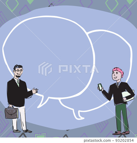 Teammates Finding Clues Together Displaying Team Cooperation. Collaborating Executives Colleagues Talking With Two Overlapping Speech Bubble Drawing Background. Teammates Finding Clues Together Displaying Team Cooperation. Collaborating Executives Colleagues Talking With Two Overlapping Speech Bubble Drawing Background. 93202854