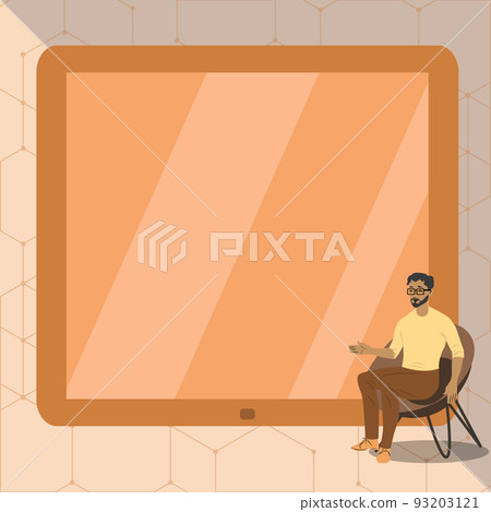 Man Pointing Hand Empty Screen Representing Planning Future Projects. Male Sitting On Archair Points Blank Board Demonstrating Latest Plan Newest Advancements. 93203121