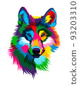 Abstract wolf head, wolf grin, furious wolf from multicolored paints. Colored drawing 93203310