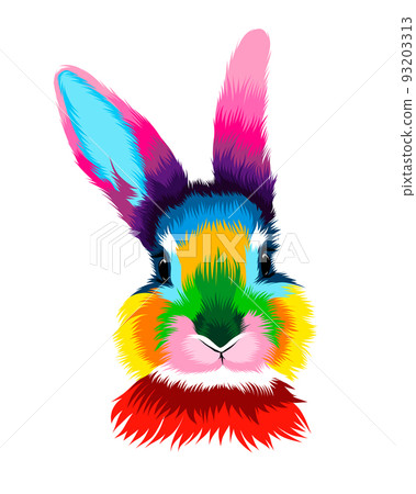 Abstract rabbit head portrait, hare from multicolored paints. Colored drawing 93203313