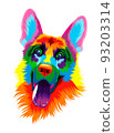 Abstract german shepherd dog head portrait from multicolored paints. Dog muzzle 93203314