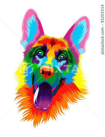 Abstract german shepherd dog head portrait from multicolored paints. Dog muzzle 93203314