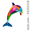 Abstract dolphin from multicolored paints. Colored drawing 93203316