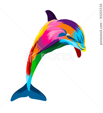 Abstract dolphin from multicolored paints. Colored drawing 93203316