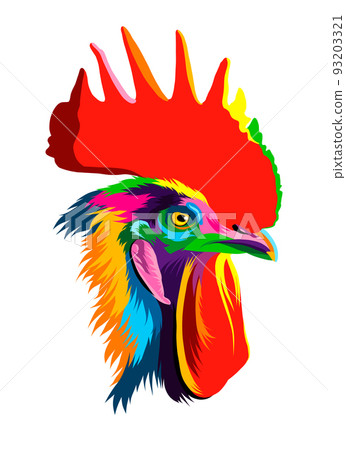Abstract cock head portrait from multicolored paints. Colored drawing Abstract cock head portrait from multicolored paints. Colored drawing 93203321