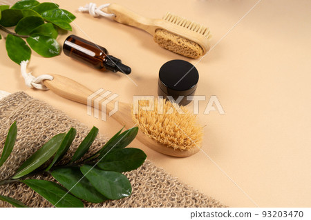 Soft light bathroom decor for advertising, design, cover, set of cosmetic bottles, bath accessories, Eco bath mock up,copy space 93203470
