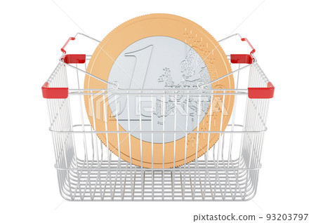 Shopping basket with euro coin, 3D rendering Shopping basket with euro coin, 3D rendering 93203797