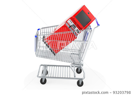 Shopping cart with financial services kiosk, digital touchscreen terminal. 3D rendering Shopping cart with financial services kiosk, digital touchscreen terminal. 3D rendering 93203798