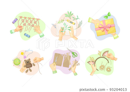 Handcraft with Human Hands Engaged in Needlework, Applique and Crocheting Above View Vector Set Handcraft with Human Hands Engaged in Needlework, Applique and Crocheting Above View Vector Set 93204013