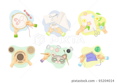 Handcraft with Human Hands Engaged in Tambouring, Origami, Applique, Pottery, Drawing and Crocheting Vector Set 93204014