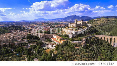 Heritage of Italy and  ancient landmarks of Umbria . impressive Spoleto town aerial view  93204132